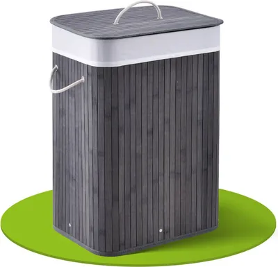 Produktbild von Juskys Bambus Wäschekorb Curly 72 Liter mit Wäschesack, Deckel & Griffen - Grau
