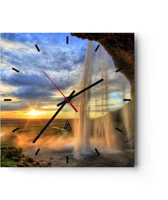 Produktbild von Wanduhr - Quadrat - Glasuhr - Wasserfall Natur Park Sonne - 40x40cm - Schleichendes Uhrwerk - Lautlos - zum Aufhängen bereit - Dekoration Modern - Wanddekoration aus Glas - C3AC40x40-2716