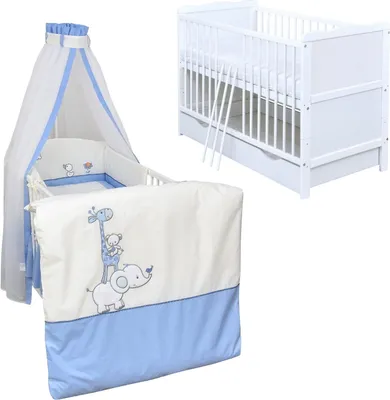 Produktbild von Baby-Delux Babybett Kinderbett Jack 140×70 weiß inkl. Schublade Bettwäsche komplett Set Zirkus Blau
