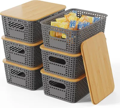 Obrázek produktu pro Sada plastových úložných boxů o objemu 5 litrů, stohovatelných, s bambusovým víkem