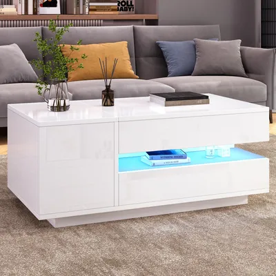 Produktbild von LED Couchtisch, 95 × 50 × 34,5 cm, Hochglanz Wohnzimmertisch mit Stauraum, 1 Schublade, 1 Schrank und Liftfunktion, moderner Sofatisch in Weiß