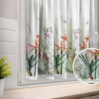 Zdjęcie produktu dla Zazdrostka 90x150 cm NEMEZJA biała etamina kwiaty fioletowe tunel