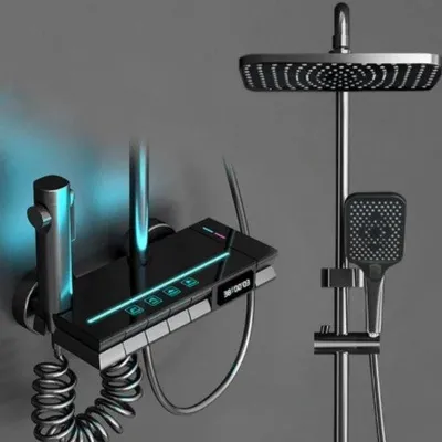 Image de Pommeau de douche numérique - RVS/ADBS/PVC - LED - Douche à effet pluie - Salle de bains - Douche thermostatique