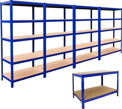 Immagine prodotto di 4x scaffale T-Rax 90cm blu e banco da lavoro Q-Rax 120cm blu in un set