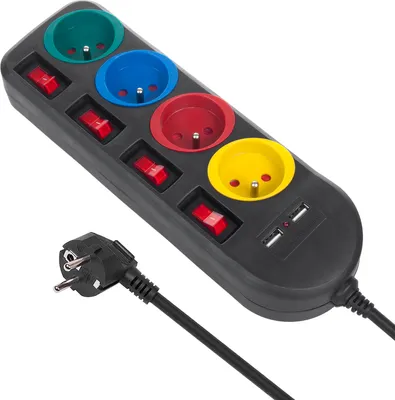 Obrázok produktu pre Maclean MCE229 Napájacia lišta, 4-zásuvkový predlžovací kábel + 2xUSB, s vypínačom, 250 VAC/10A, 2,1 A 5V, 1,5 m, čierna