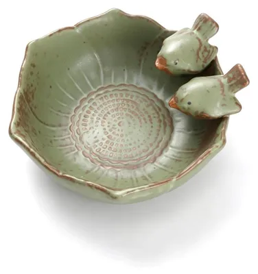 Image de Abreuvoir pour oiseaux en céramique, résistant à l'hiver, de couleur verte, avec 2 oiseaux décoratifs