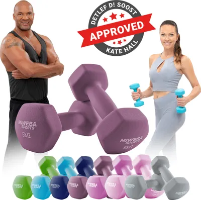 Produktbild von Miweba Sports Profi Neopren Hantel NKH100 | Hantelset - Kurzhanteln - Hexagon - Home Workout - Krafttraining - Anti Rutsch Oberfläche (Lila 2x 5,0 Kg)