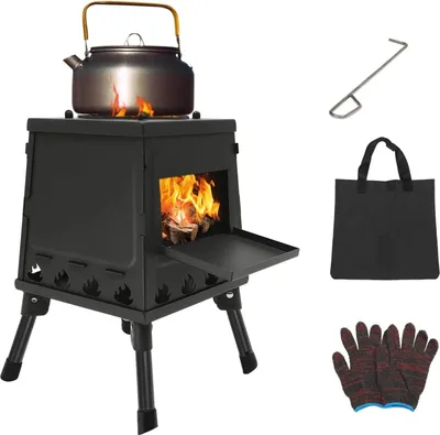 Image de Poêle de camping - Poêle Rocket - Tuyau de poêle - Sac de transport - Réglable - À bois - Noir