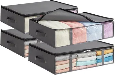 Image de Lot de 4 coffres de rangement sous lit avec couvercle – Coffres de rangement pliables de 75 L avec double fermeture éclair, gris