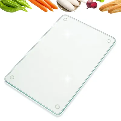 Image de Planche à découper en verre, 40 x 30 cm, résistante aux rayures, hygiénique, en verre trempé, pouvant servir de planche de cuisine, de plateau de service ou de protection pour la cuisinière, antidérapante grâce à ses pieds, transparente