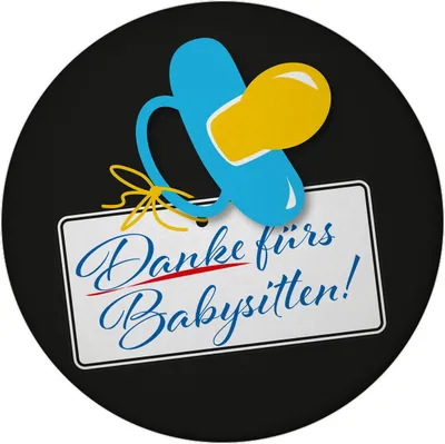 Produktbild von Schnuller in blau Magnet rund mit Spruch Danke fürs Babysitten