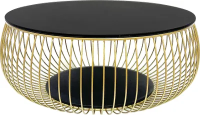 Produktbild von SalesFever Couchtisch rund Ø 86 cm | Klarglasplatte 10 mm | Gestell Metalldraht | B 86 x T 86 x H 35 cm | schwarz – goldfarben