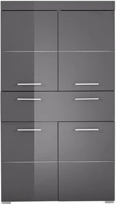 A grey cabinet with multiple doors and drawers.
