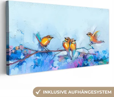 Produktbild von MuchoWow® - Leinwandbilder - Gemälde - Ölfarbe - Vogel - Zweig, Wandbild, Wanddeko Bilder Wohnzimmer, 80x40 cm