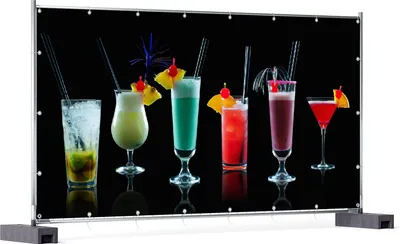Produktbild von Wallario XXL Outdoor-Poster für Garten oder Balkon, Motiv Bunte Cocktails vor schwarzem Hintergrund, in ca. 340 x 173 cm