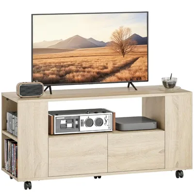 Produktbild von TV-Ständer mit Rollen – geeignet für Fernseher bis 42 Zoll – 2 Schubladen – offene Regalfächer – 102 x 34,5 x 48,5 cm – Naturholzfarbe