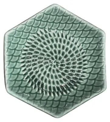 Produktbild von Kaladia Keramik Reibeteller Hexagon - Dunkelgrün - ideal zum Zerkleinern von Zutaten - 12x3 cm - handgemacht & handbemalt