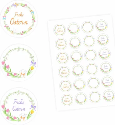 Produktbild von 24 Oster Aufkleber Ranken bunt - rund 4 cm Ø - Frohe Ostern Sticker Aufkleber Osterhase Osterei