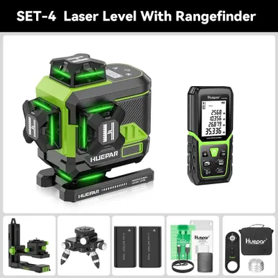 Zdjęcie produktu dla Laser krzyżowy 4D, 16 linii, zielona wiązka, z wyświetlaczem LCD, Bluetooth, pilotem i akumulatorami