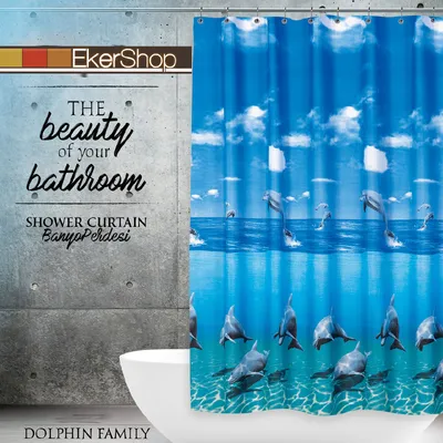 Produktbild von Textil Duschvorhang 240 x 200 cm Delfin "Delphin im Meer" Blau Weiss inkl. Ringe