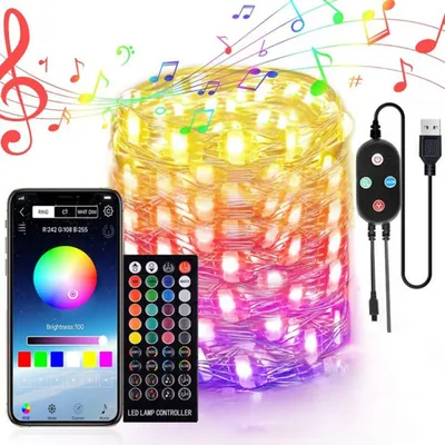 Obrázok produktu pre Svetelná reťaz, napájaná cez USB, striedavé blikanie, 2,1 m, 20 LED svetiel, medený drôt, RGB svetelná reťaz s diaľkovým ovládaním, synchronizácia s hudbou, časovač, vodotesná vianočná dekorácia do interiéru aj exteriéru, na dvor, party dekorácia