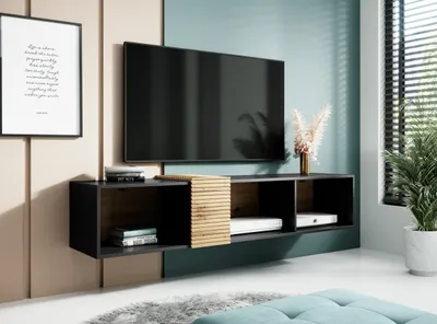 Produktbild von TV Stand VENTI II 160 cm Artisan Eiche Schwarz Matt Hängender Eichenfarbeinsatz Lowboard Schrank TV Tisch Sideboard Kommode Hi-Fi Tisch