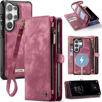 Produktbild von Schutzhülle für Samsung Galaxy S26 Ultra, Vintage Multifunktions Lederhülle, Kartenfächer, Reißverschluss Hülle Rot