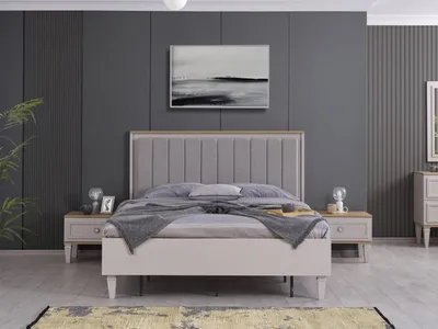 Produktbild von Garnitur Doppelbett Schlafzimmer Bett Nachttische Grau Holz Set 3tlg
