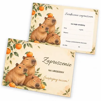 Zdjęcie produktu dla ZAPROSZENIA URODZINOWE Kapibary Pomarańcze NA PRZYJĘCIE