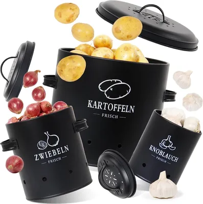 Produktbild von Theo&Cleo Premium Kartoffel Aufbewahrungsbox [3er Set], Kartoffeln, Zwiebeln und Knoblauch Aufbewahrung, Hält Gemüse Länger Frisch (SET01)