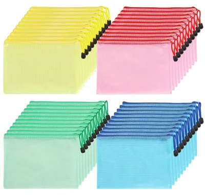 Image de Pochettes de documents A5 avec fermeture éclair, 4 couleurs, en plastique mesh, lot de 40