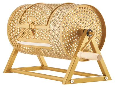 Image de Tombola SucceBuy, 295 x Ø 167 mm, tambour pouvant contenir jusqu'à 2 500 billets ou 100 balles de ping-pong, tambour de tombola avec manivelle et support triangulaire stable, idéal pour les événements et les fêtes, couleur or