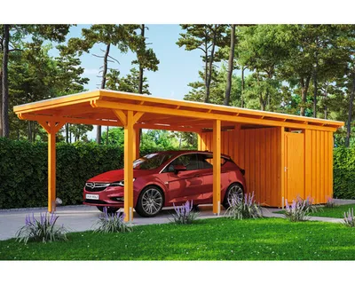 Produktbild von Einzelcarport SKAN HOLZ Emsland inkl. Abstellraum, Pfostenanker 354 x 846 cm eiche hell