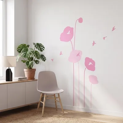 Obrázek produktu pro Dekorativní samolepky na zeď s růžovými tulipány a ptáčky