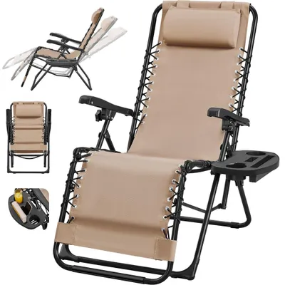 Produktbild von Yaheetech Klappbarer Liegestuhl mit Nackenkissen & Getränkehalter, Sonnenliege Gartenliege mit verstellbarer Rückenlehne, Beige