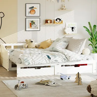 Obrázek produktu pro ProximaX Čalouněná postel 90x200cm/180 x 200cm jednolůžko s výsuvným podstavcem, postel z masivního dřeva s lamelovým roštem a 2 zásuvkami, úložný prostor, denní lůžko pro hosty, bílá barva