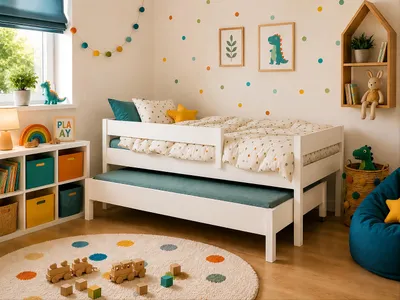 Zdjęcie produktu dla Łóżko rozkładane Junior 200x90 – łóżeczko dziecięce z zabezpieczeniem przed wypadnięciem i stelażem z listew, białe, 90 x 200 cm, dla dziewczynek i chłopców