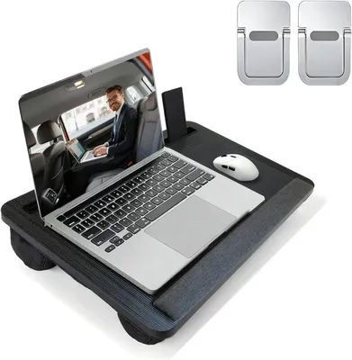 Obrázek produktu pro Polštářek pod notebook, rozměry 55x34 cm, vhodný pro notebooky do velikosti 17,3 palců, s držákem na mobilní telefon, černý, určený pro použití na pohovce