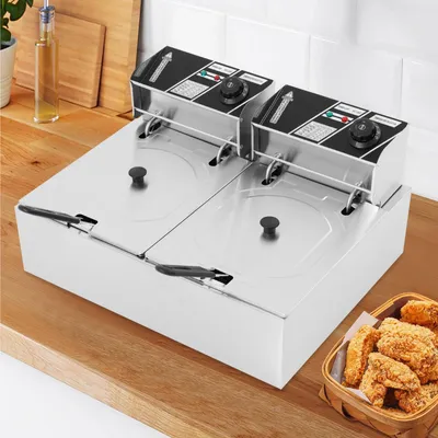 Image de Friteuse électrique - Double cuve - 2x6 L - Acier inoxydable 201 - Prise UE - 60-200 °C - Pour la restauration/traiteur