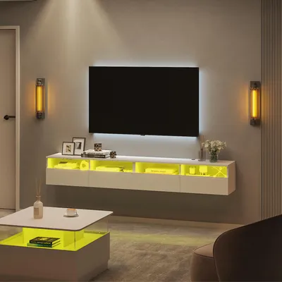 Produktbild von Radelldar Lowboard mit LED-Beleuchtung, TV-Schrank, hängend, grifflose TV-Board, 4 Schubladen mit Acryl, 200 cm, Weiß
