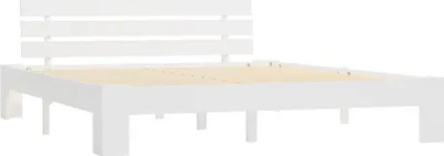 A white wooden bed frame with a slatted headboard and a slatted base.