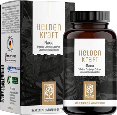 Produktbild von Maca Komplex mit Tribulus, Cordyceps, Giseng, Safran & Bockshornklee - HELDENKRAFT - 90 vegane Kapseln - NATURTREU®