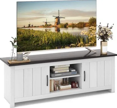 Productafbeelding van Famanu TV-kast, tv-meubel voor televisies tot 65 inch, tv-tafel met kastjes en open planken, dressoir, 145 x 40 x 50 cm (wit + bruin)