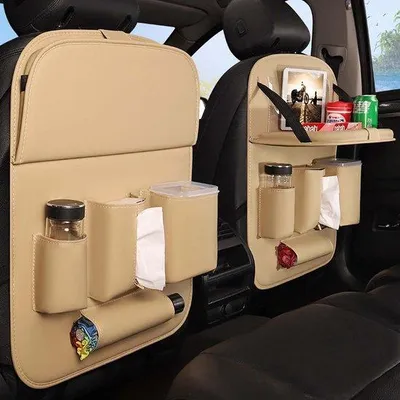 Produktbild von Famanu Auto-Rücksitz-Organizer mit klappbarem Tisch - wasserdicht - 4 Fächer - (beige)