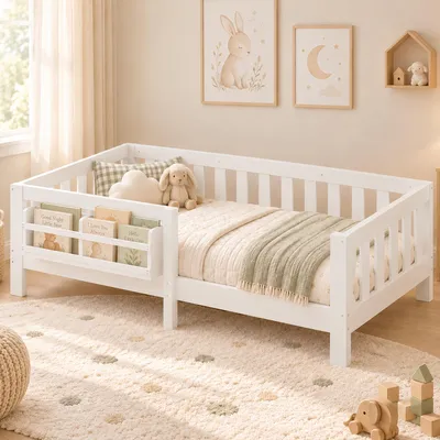 Image de Lit bébé 90x200 cm avec barrières de sécurité, étagère à livres et sommier à lattes avec 12 lattes, lit en bois blanc avec protections latérales, adapté aux garçons et aux filles