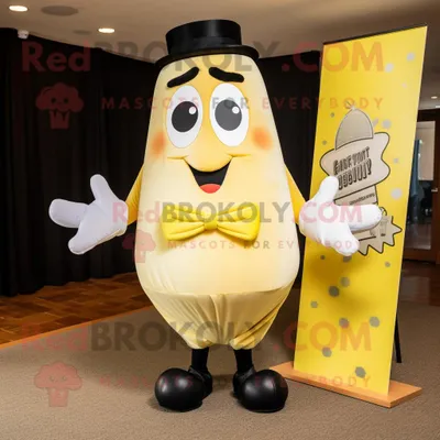Obrázok produktu pre Citrónovožltá postavička maskota značky Guinness, oblečená v tričku s grafickým motívom a motýliku