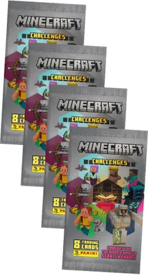 Four booster packs of Minecraft Challenges trading cards are arranged in a staggered formation.