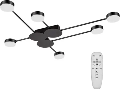 A black modern ceiling light with multiple arms and circular light fixtures, shown against a white background. A white remote control is placed to the right of the light.
