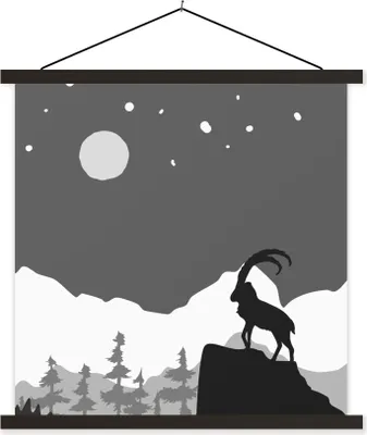 Produktbild von MuchoWow® Textilposter Illustration - Ziege - Schwarz - Weiß 90x90 cm mit schwarzem Rahmen - Magnetisches