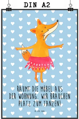 Produktbild von Mr. & Mrs. Panda Bild Fuchs Ballerina DIN A2 - Blau Pastell - Geschenk, Party, Wandbild, Geburtstag, Tanzen, wanddeko, Yeah, Kunstdruck, Plakat, drucke, Ballett